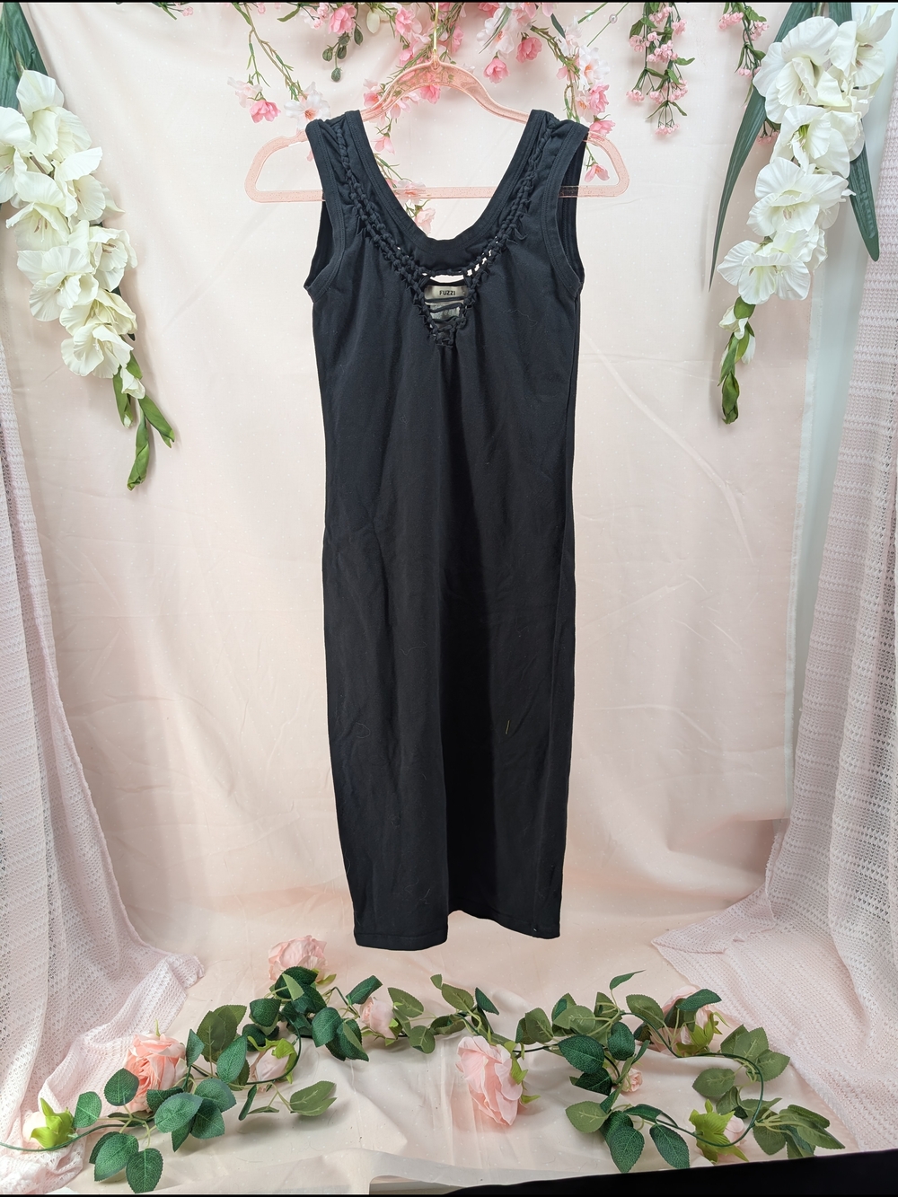 Fuzzi Black Sleeveless Maxi Dress with Crochet Trim